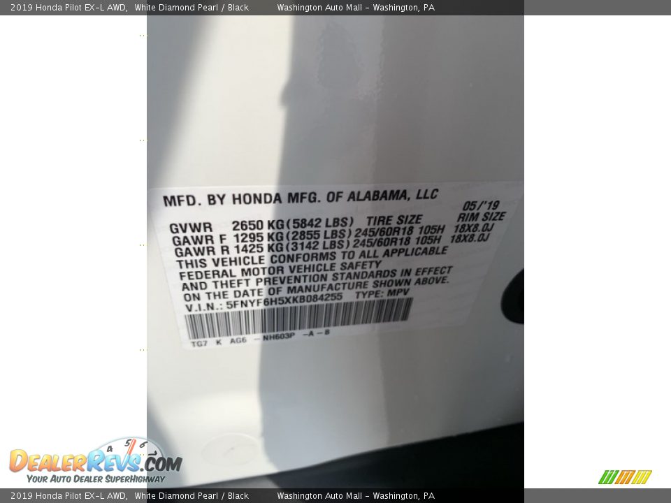 2019 Honda Pilot EX-L AWD White Diamond Pearl / Black Photo #9