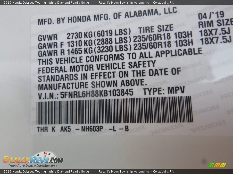 2019 Honda Odyssey Touring White Diamond Pearl / Beige Photo #12