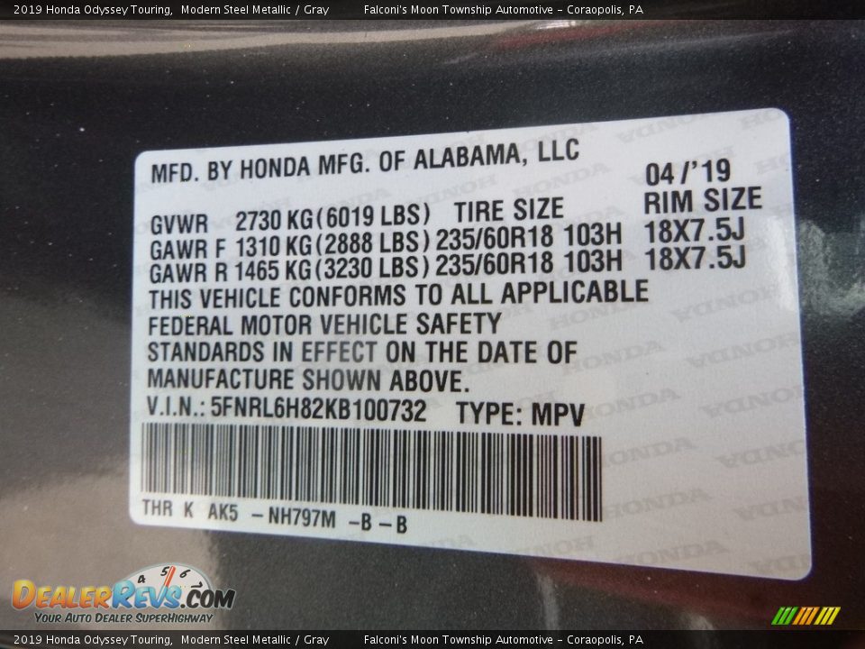 2019 Honda Odyssey Touring Modern Steel Metallic / Gray Photo #12
