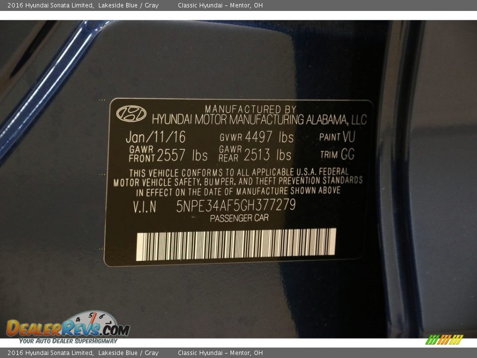 2016 Hyundai Sonata Limited Lakeside Blue / Gray Photo #22