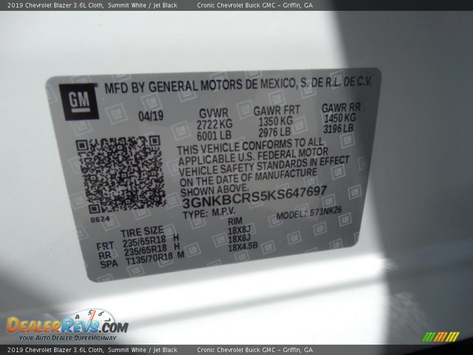 2019 Chevrolet Blazer 3.6L Cloth Summit White / Jet Black Photo #26