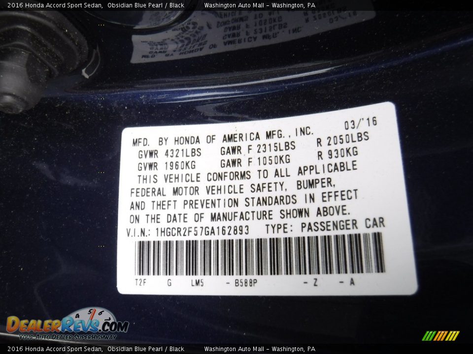 2016 Honda Accord Sport Sedan Obsidian Blue Pearl / Black Photo #22