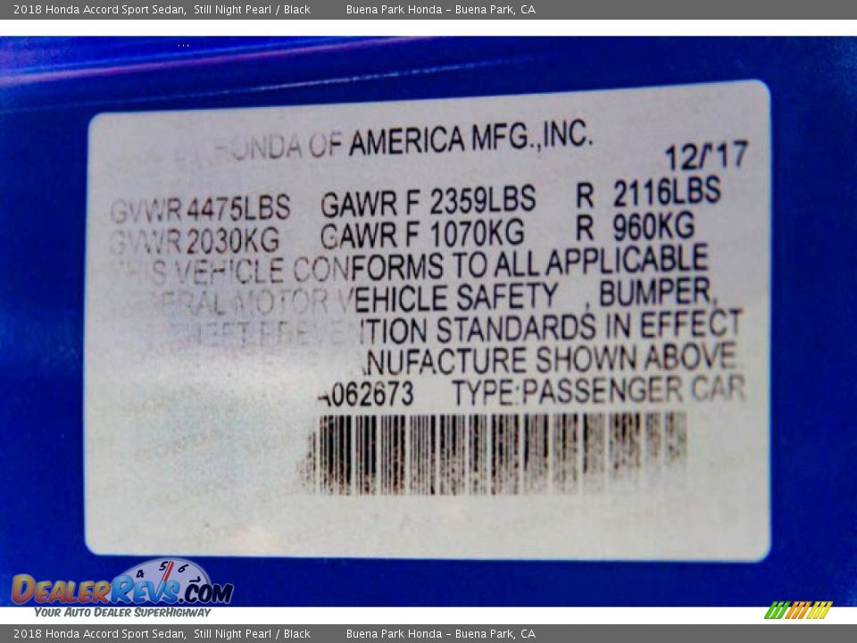 2018 Honda Accord Sport Sedan Still Night Pearl / Black Photo #36