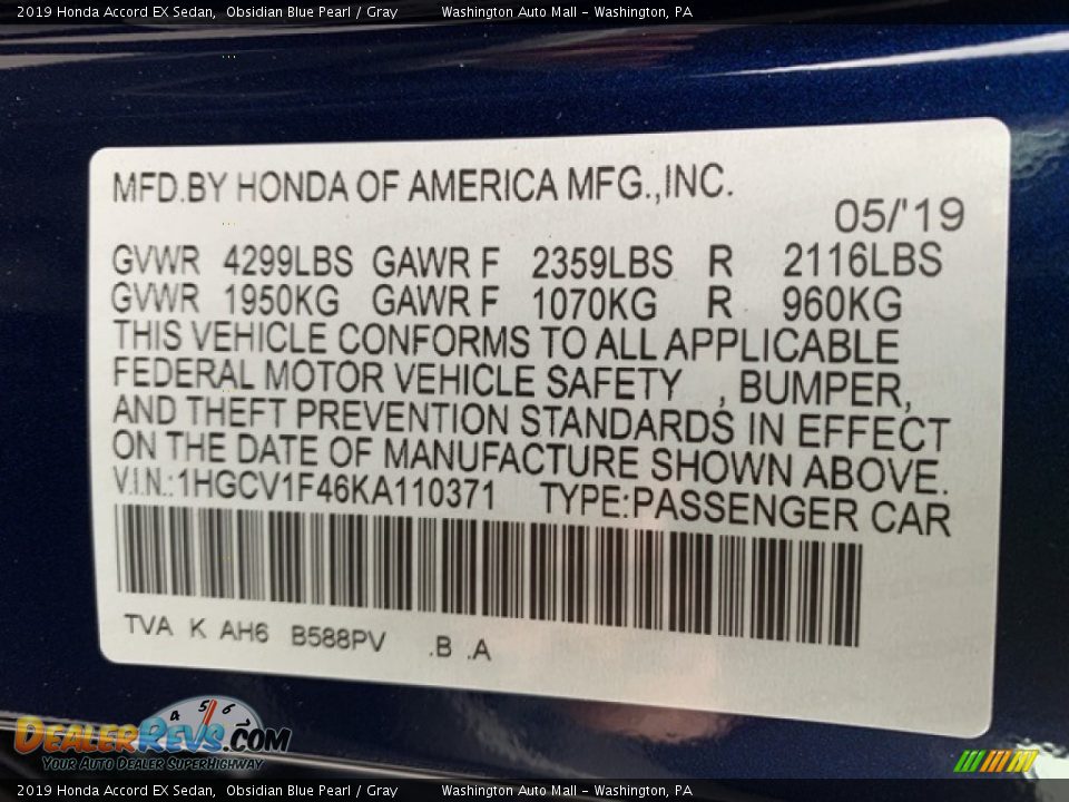 2019 Honda Accord EX Sedan Obsidian Blue Pearl / Gray Photo #9