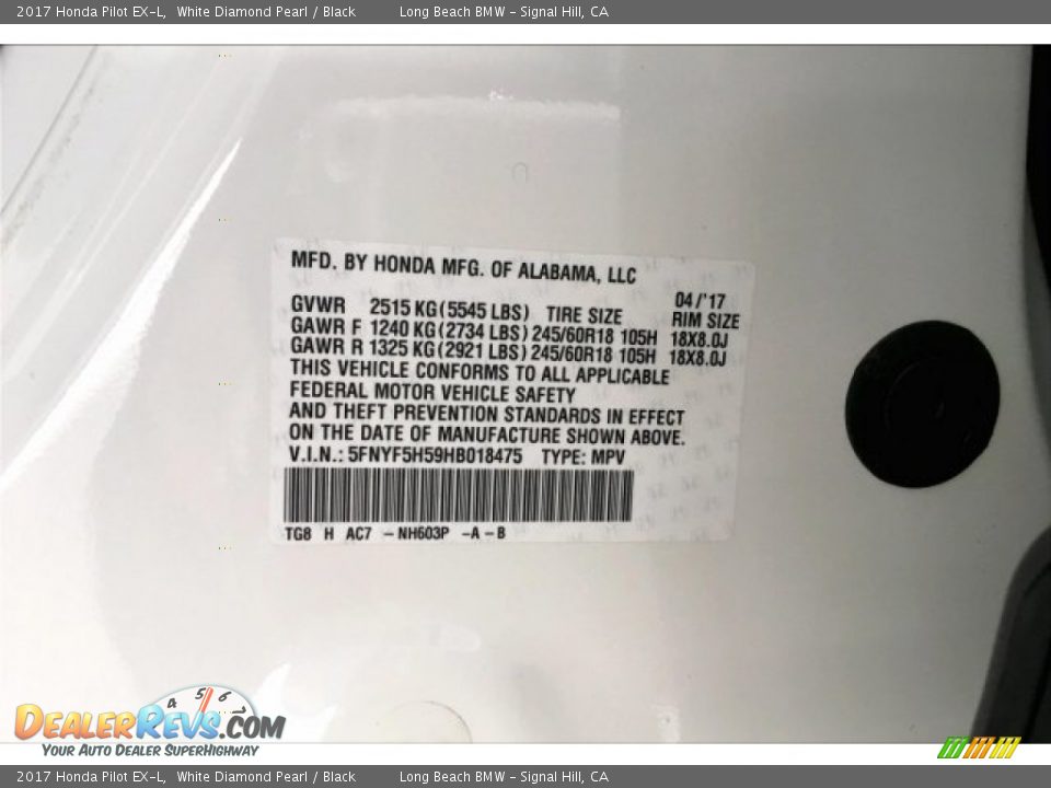 2017 Honda Pilot EX-L White Diamond Pearl / Black Photo #19