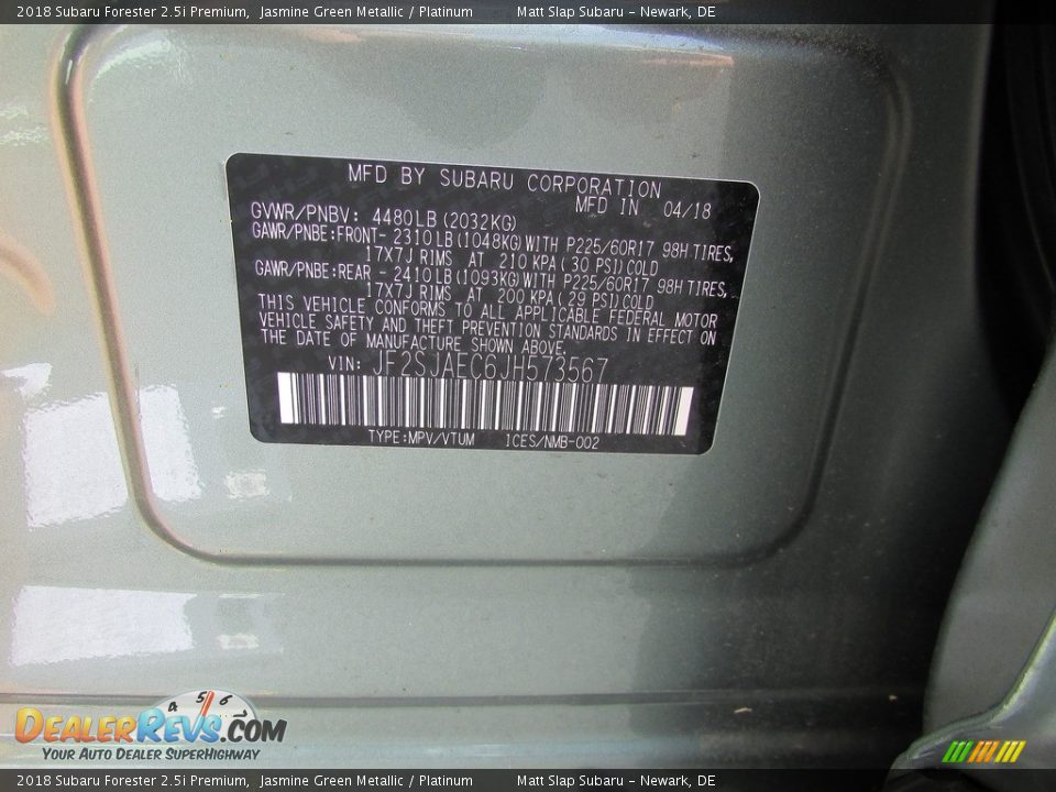 2018 Subaru Forester 2.5i Premium Jasmine Green Metallic / Platinum Photo #30