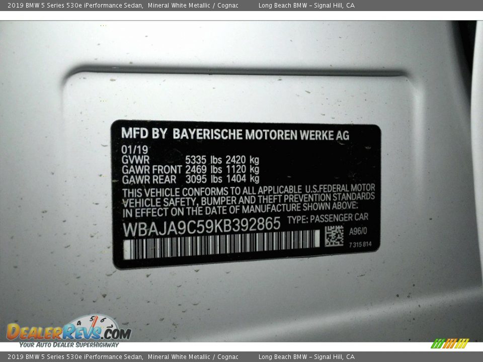 2019 BMW 5 Series 530e iPerformance Sedan Mineral White Metallic / Cognac Photo #12