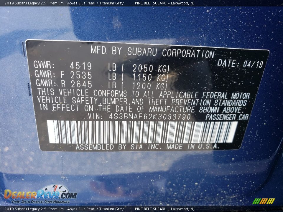 2019 Subaru Legacy 2.5i Premium Abyss Blue Pearl / Titanium Gray Photo #10