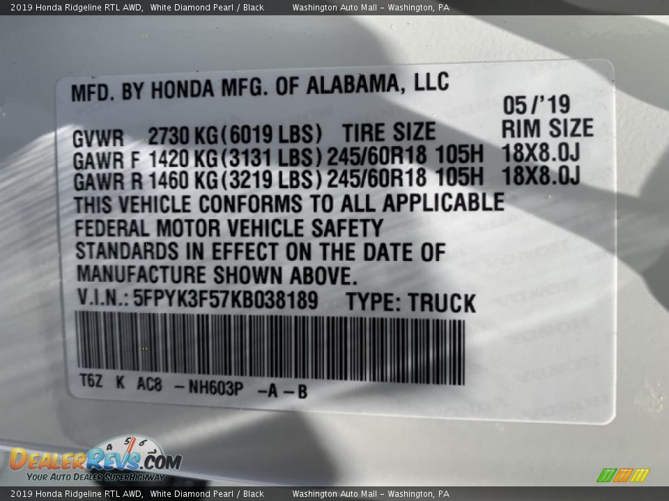 2019 Honda Ridgeline RTL AWD White Diamond Pearl / Black Photo #9