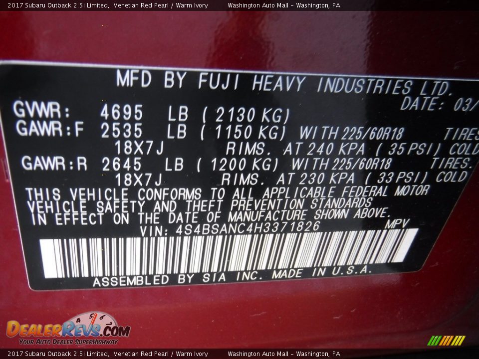 2017 Subaru Outback 2.5i Limited Venetian Red Pearl / Warm Ivory Photo #29