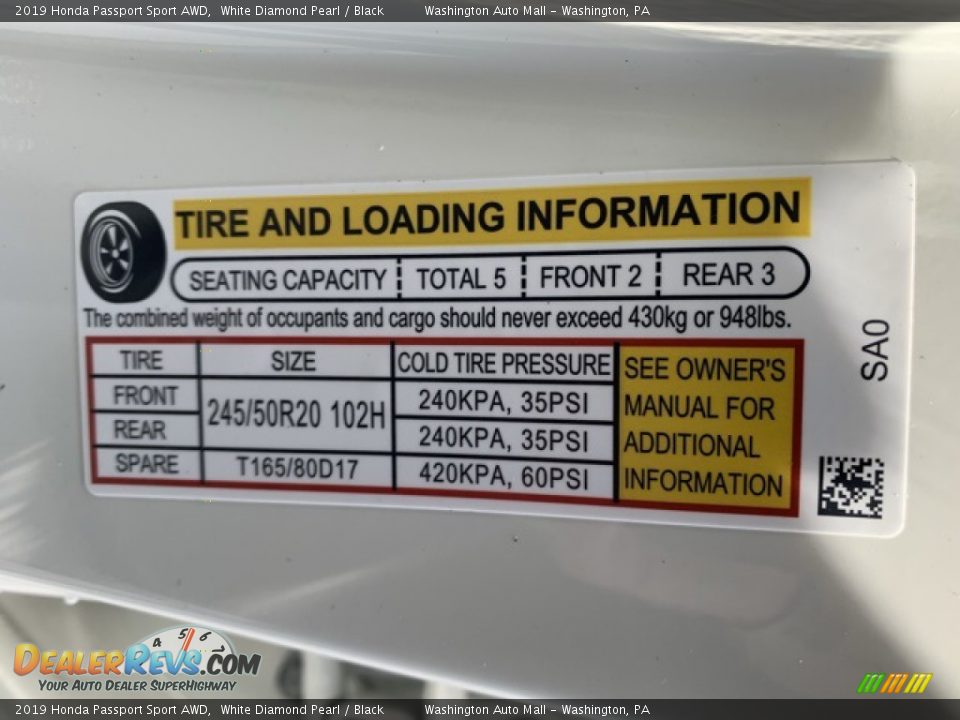 Info Tag of 2019 Honda Passport Sport AWD Photo #8