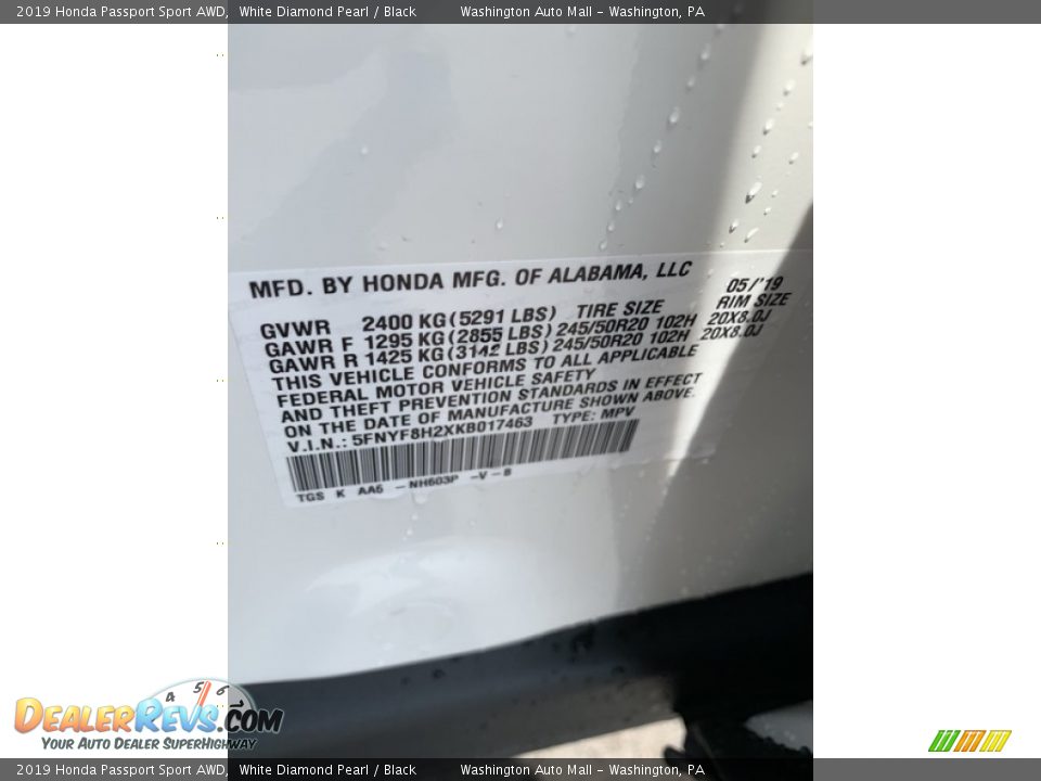 2019 Honda Passport Sport AWD White Diamond Pearl / Black Photo #9