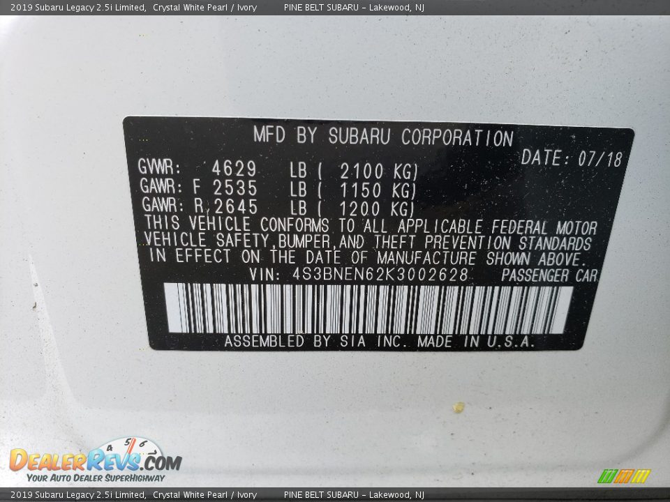 2019 Subaru Legacy 2.5i Limited Crystal White Pearl / Ivory Photo #10