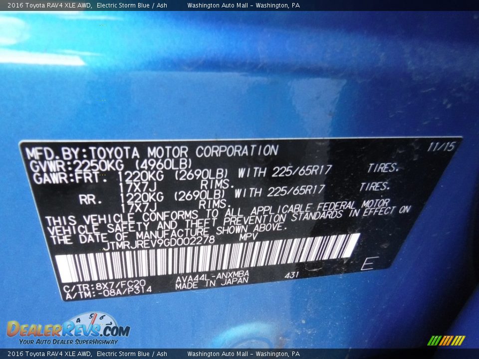 2016 Toyota RAV4 XLE AWD Electric Storm Blue / Ash Photo #27