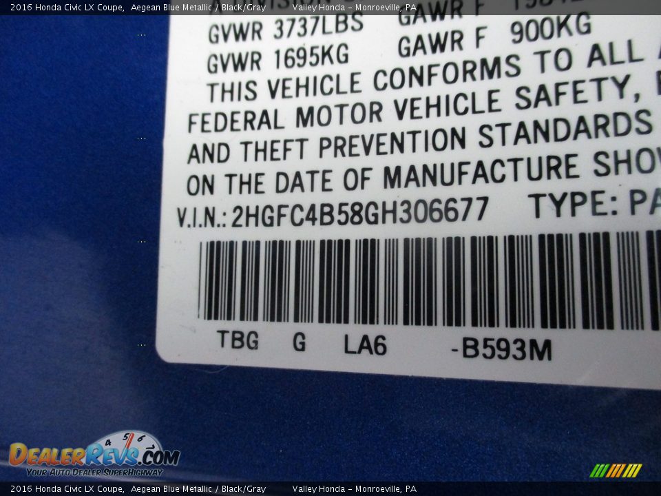 2016 Honda Civic LX Coupe Aegean Blue Metallic / Black/Gray Photo #19
