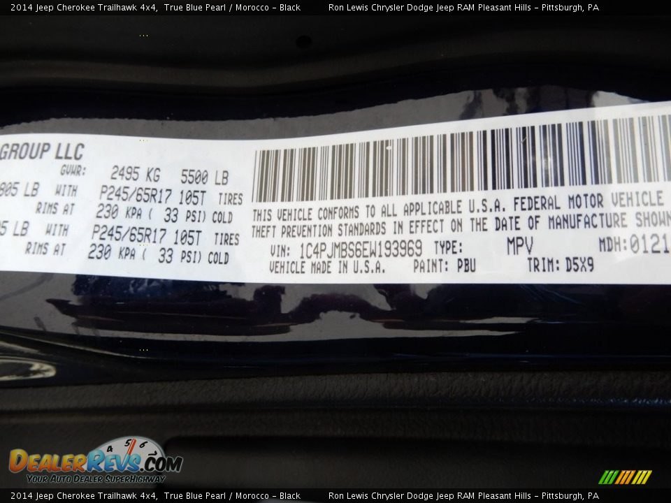 2014 Jeep Cherokee Trailhawk 4x4 True Blue Pearl / Morocco - Black Photo #15