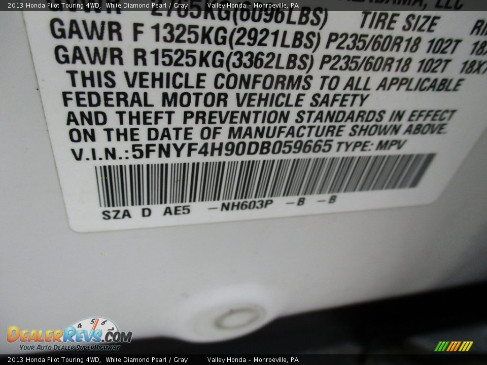 2013 Honda Pilot Touring 4WD White Diamond Pearl / Gray Photo #19