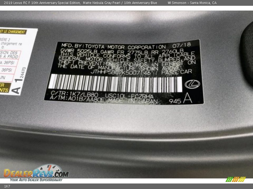 Lexus Color Code 1K7 Matte Nebula Gray Pearl