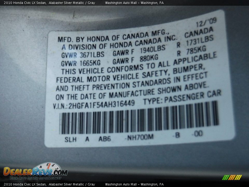 2010 Honda Civic LX Sedan Alabaster Silver Metallic / Gray Photo #21