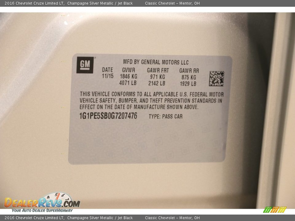 2016 Chevrolet Cruze Limited LT Champagne Silver Metallic / Jet Black Photo #18