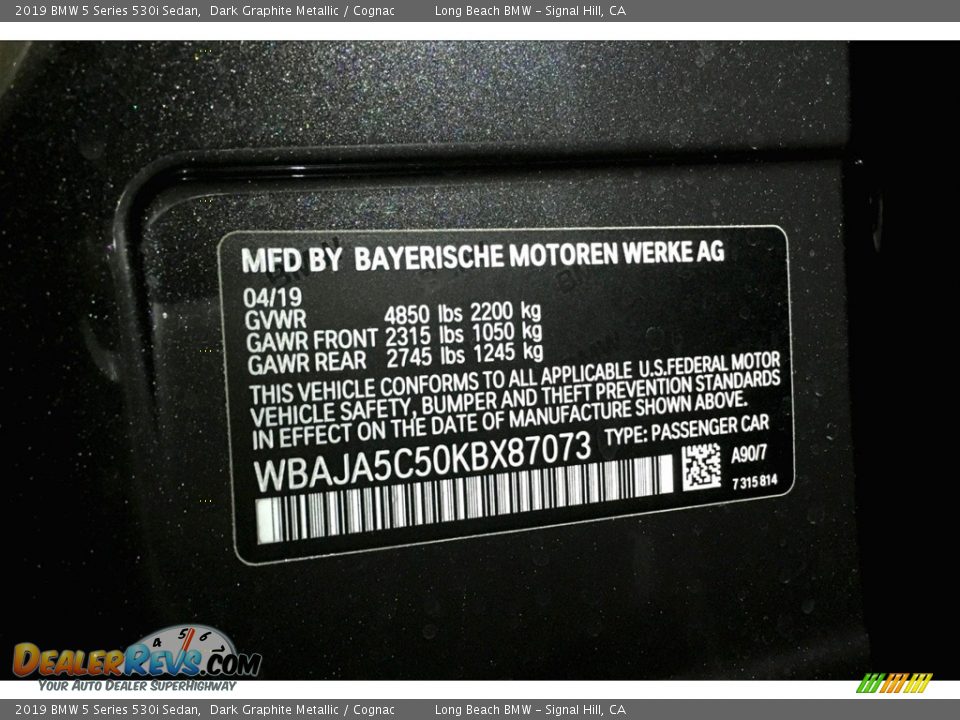2019 BMW 5 Series 530i Sedan Dark Graphite Metallic / Cognac Photo #11