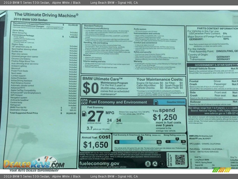 2019 BMW 5 Series 530i Sedan Alpine White / Black Photo #10