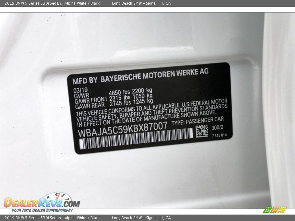 2019 BMW 5 Series 530i Sedan Alpine White / Black Photo #11