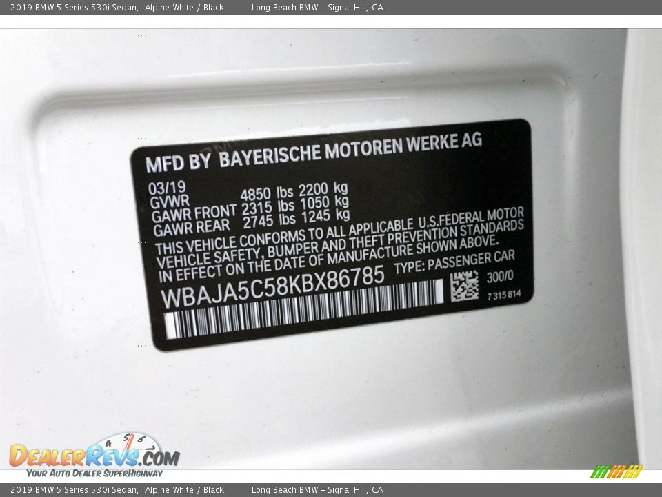 2019 BMW 5 Series 530i Sedan Alpine White / Black Photo #12