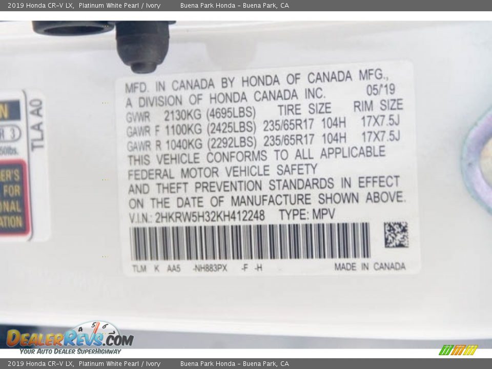 2019 Honda CR-V LX Platinum White Pearl / Ivory Photo #35