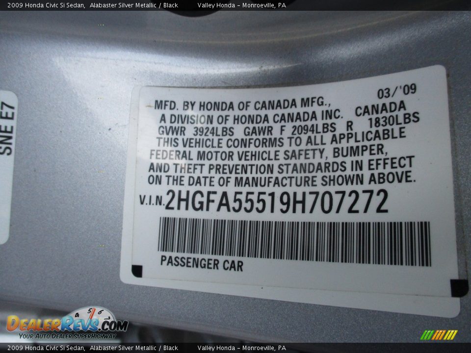 2009 Honda Civic Si Sedan Alabaster Silver Metallic / Black Photo #19