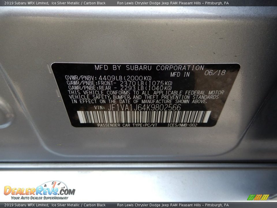 2019 Subaru WRX Limited Ice Silver Metallic / Carbon Black Photo #16