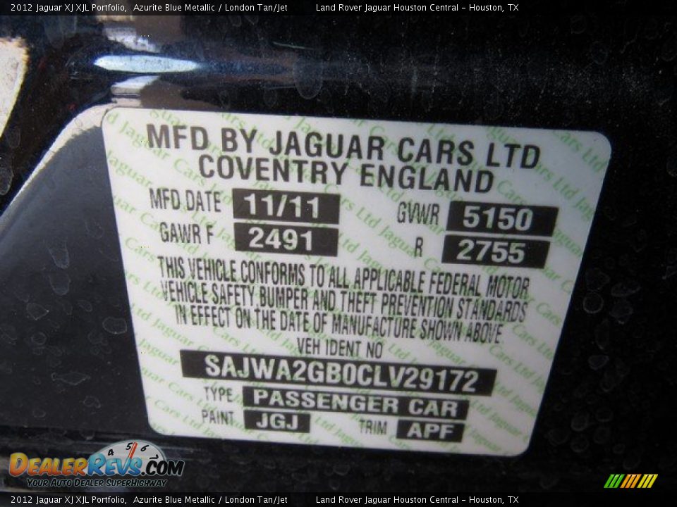 2012 Jaguar XJ XJL Portfolio Azurite Blue Metallic / London Tan/Jet Photo #36
