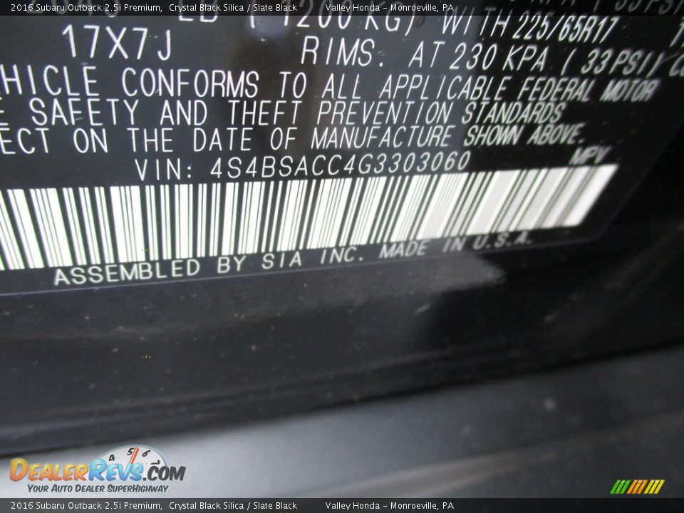 2016 Subaru Outback 2.5i Premium Crystal Black Silica / Slate Black Photo #19