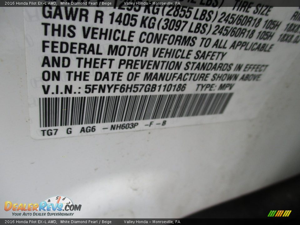 2016 Honda Pilot EX-L AWD White Diamond Pearl / Beige Photo #20