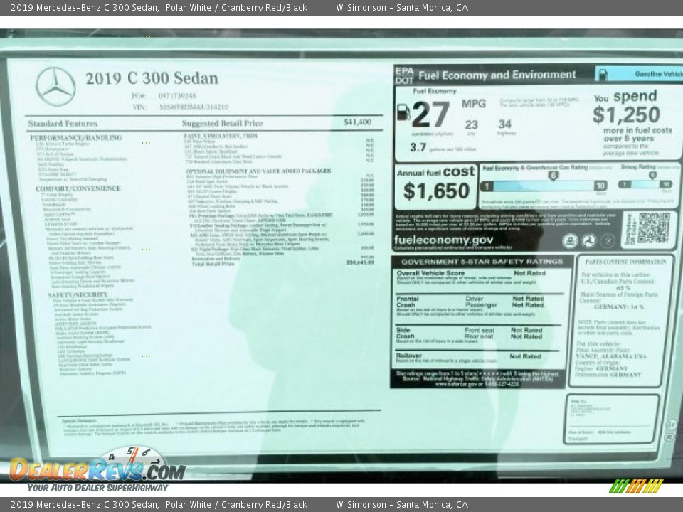 2019 Mercedes-Benz C 300 Sedan Polar White / Cranberry Red/Black Photo #10