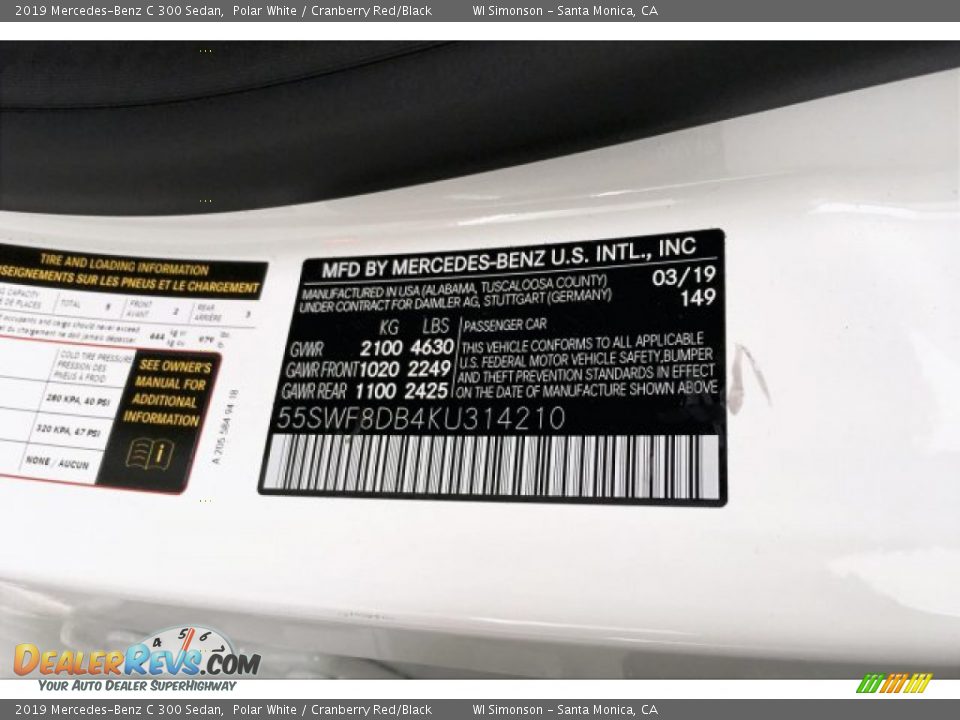 2019 Mercedes-Benz C 300 Sedan Polar White / Cranberry Red/Black Photo #11