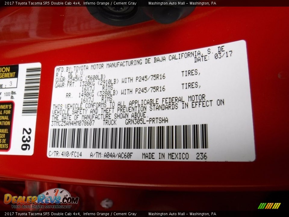 2017 Toyota Tacoma SR5 Double Cab 4x4 Inferno Orange / Cement Gray Photo #27