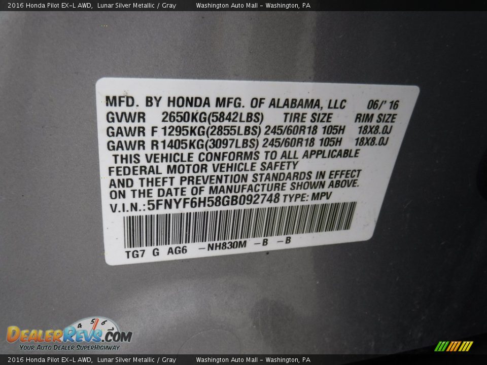 2016 Honda Pilot EX-L AWD Lunar Silver Metallic / Gray Photo #29