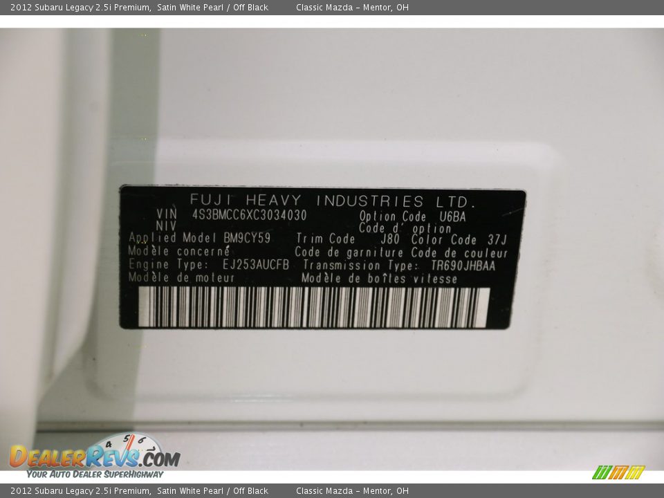 2012 Subaru Legacy 2.5i Premium Satin White Pearl / Off Black Photo #26