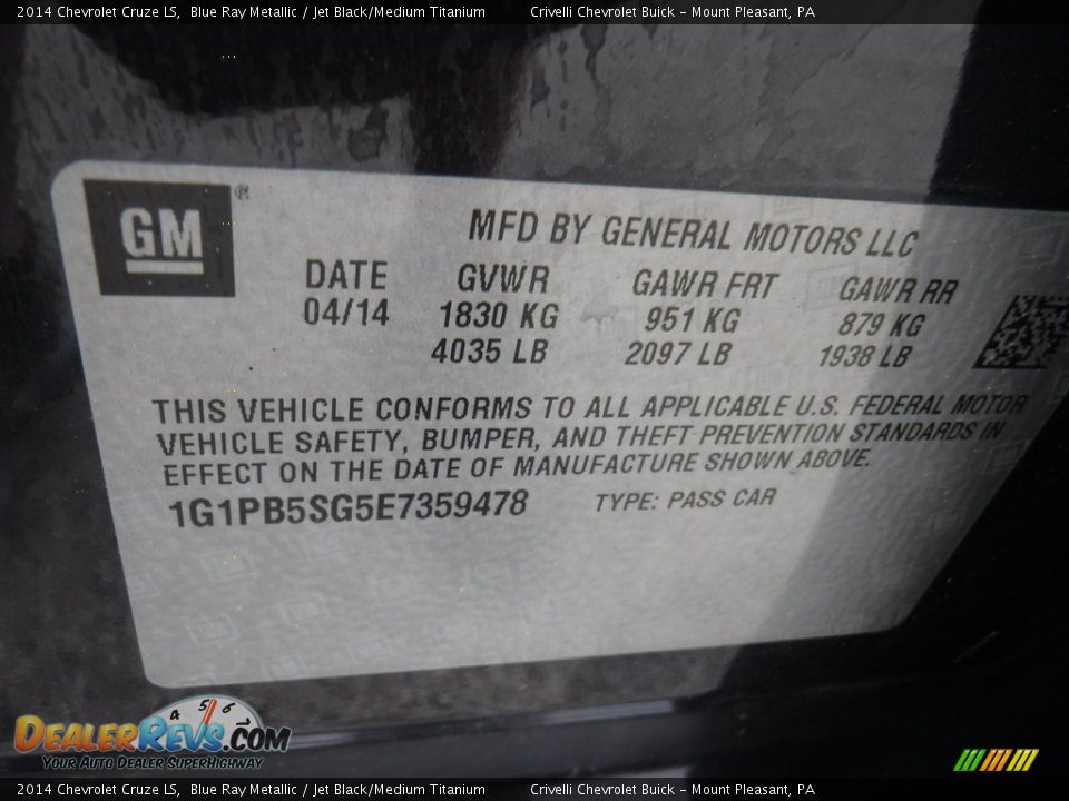 2014 Chevrolet Cruze LS Blue Ray Metallic / Jet Black/Medium Titanium Photo #31