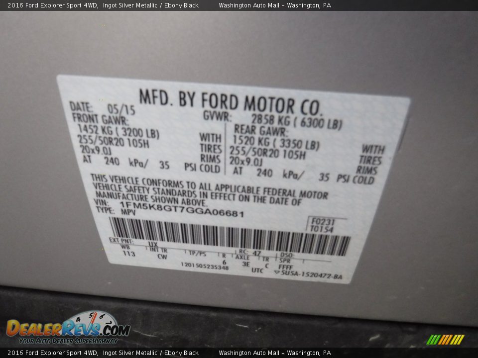 2016 Ford Explorer Sport 4WD Ingot Silver Metallic / Ebony Black Photo #27