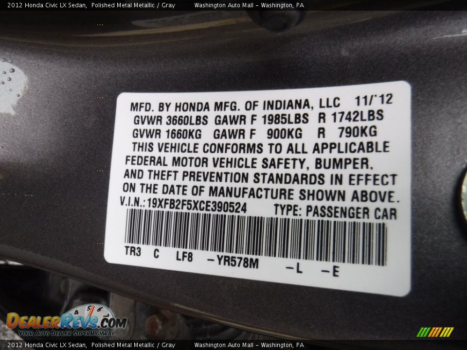 2012 Honda Civic LX Sedan Polished Metal Metallic / Gray Photo #24