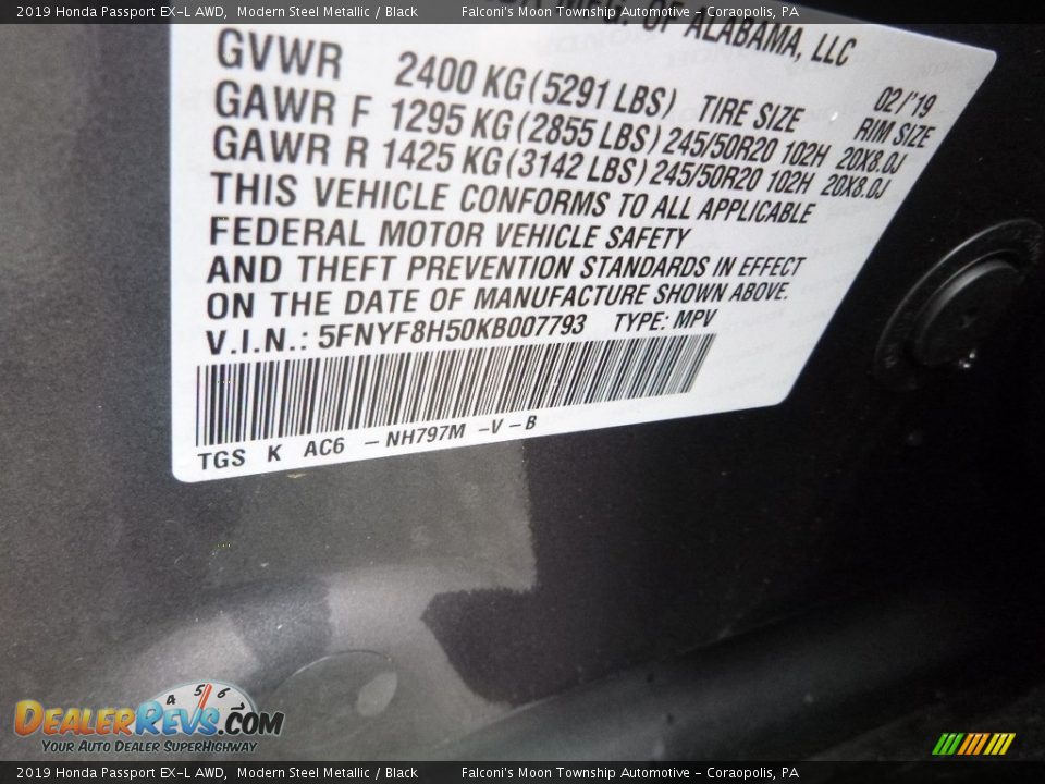 2019 Honda Passport EX-L AWD Modern Steel Metallic / Black Photo #12