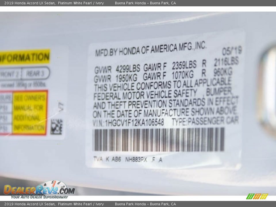 2019 Honda Accord LX Sedan Platinum White Pearl / Ivory Photo #29
