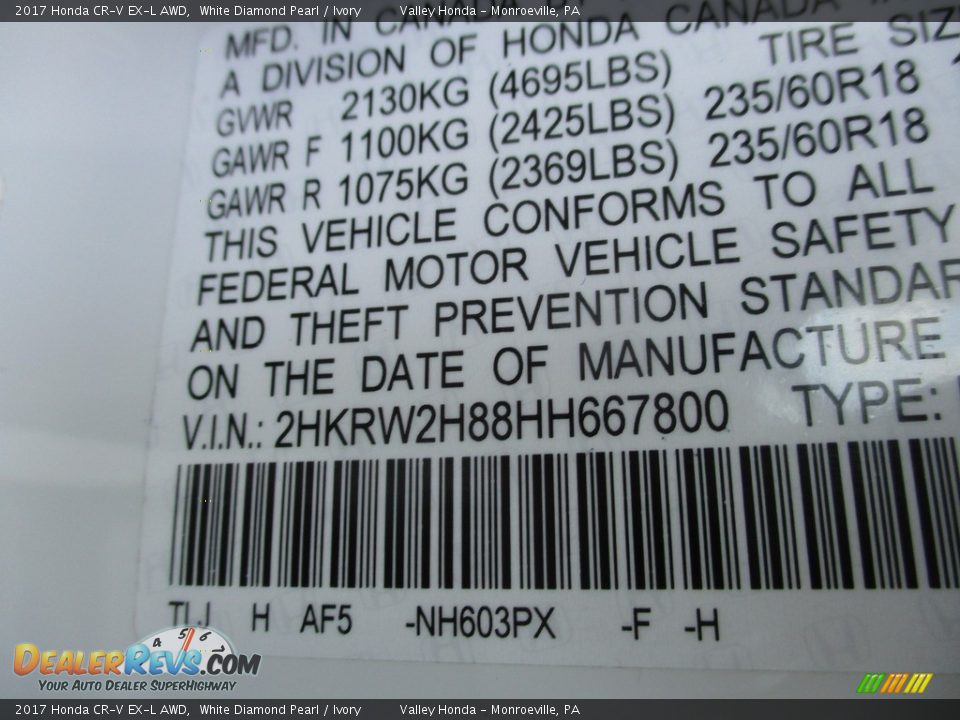 2017 Honda CR-V EX-L AWD White Diamond Pearl / Ivory Photo #19