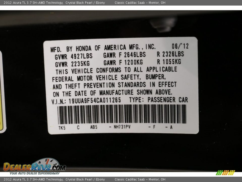 2012 Acura TL 3.7 SH-AWD Technology Crystal Black Pearl / Ebony Photo #25