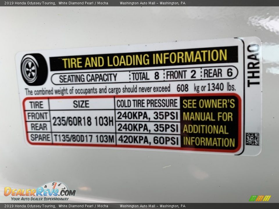 2019 Honda Odyssey Touring White Diamond Pearl / Mocha Photo #8