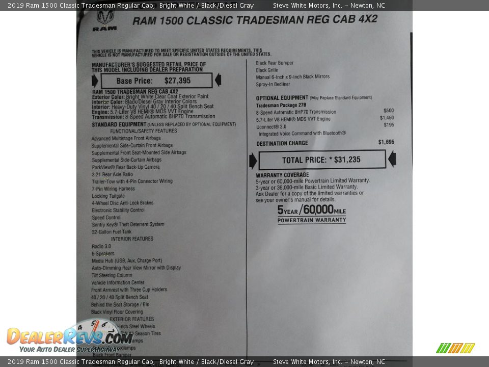 2019 Ram 1500 Classic Tradesman Regular Cab Bright White / Black/Diesel Gray Photo #28