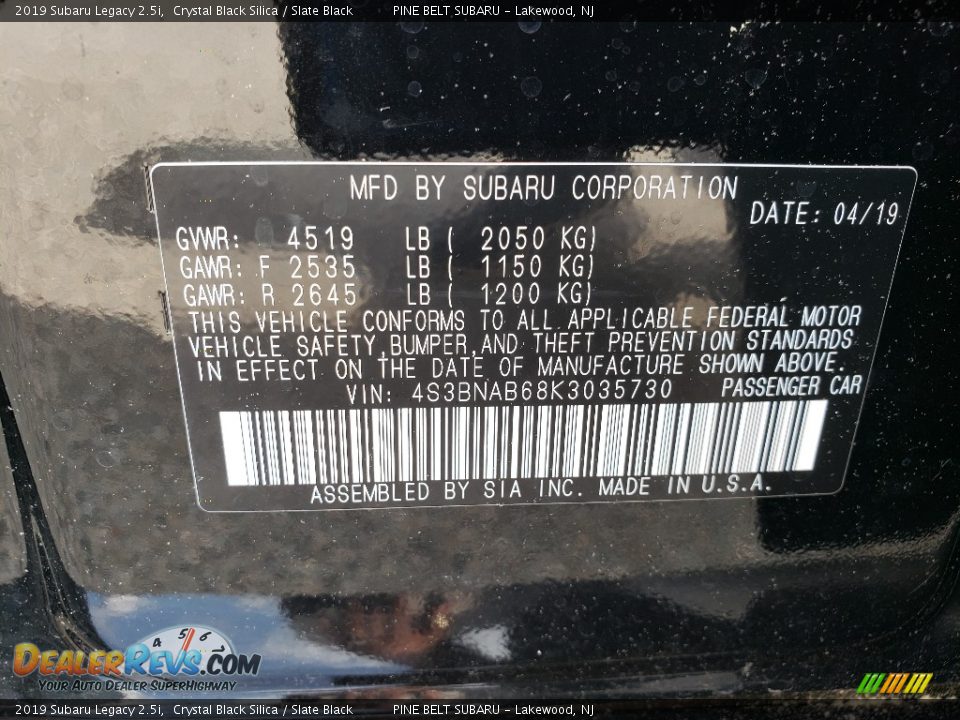 2019 Subaru Legacy 2.5i Crystal Black Silica / Slate Black Photo #10