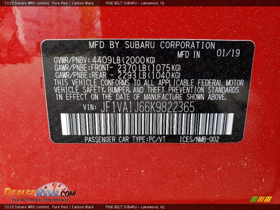 2019 Subaru WRX Limited Pure Red / Carbon Black Photo #10